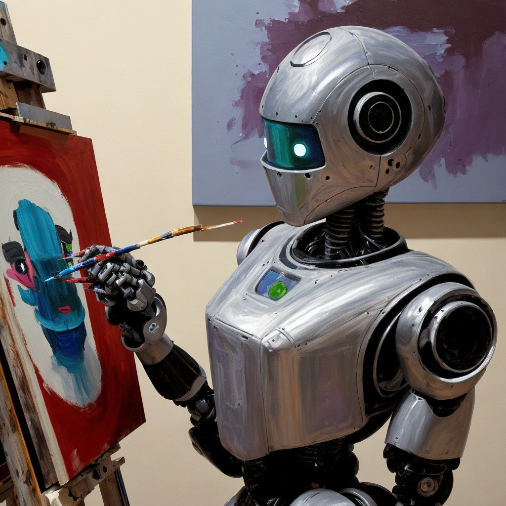 A robot painting a picture on a canvas.