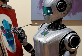 A robot painting a picture on a canvas.