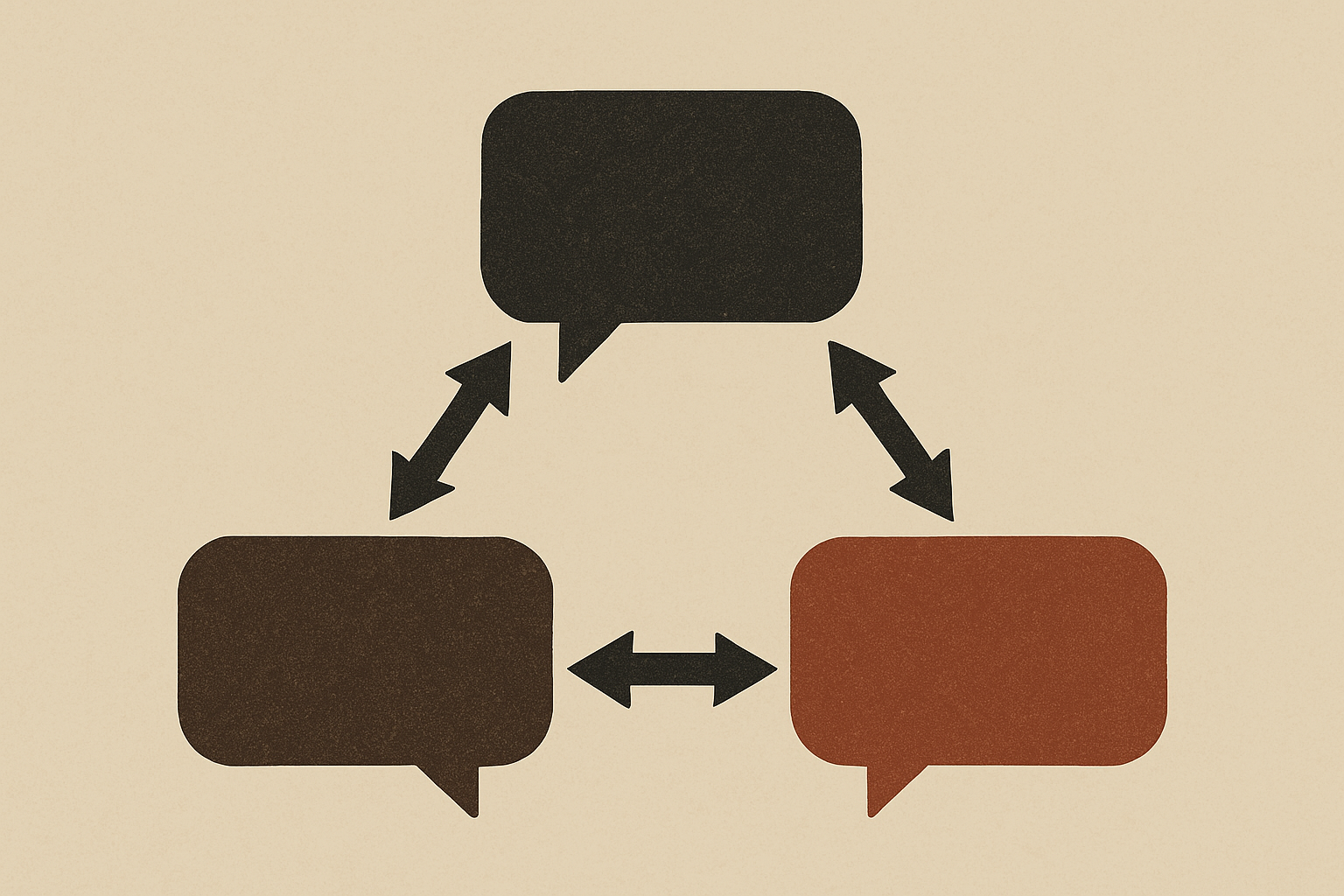 Three speech bubbles arranged with interconnecting arrows between them.